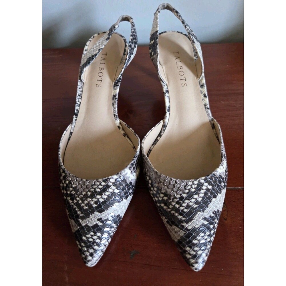 Talbots Black, White & Gray Snakeskin Pointed Slingback Heels